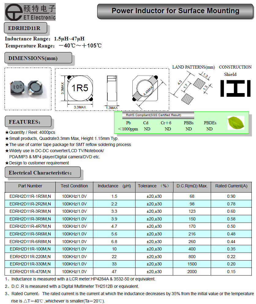 小尺寸大電流超薄功率繞線(xiàn)電感EDRH2D11R